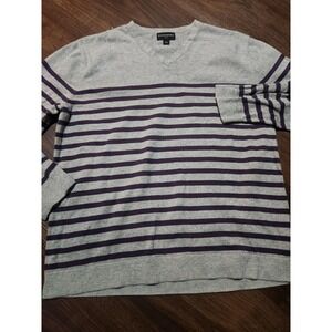 Banana Republic Sweater Mens L Gray Striped V Neck Knit Long Sleeve Pullover